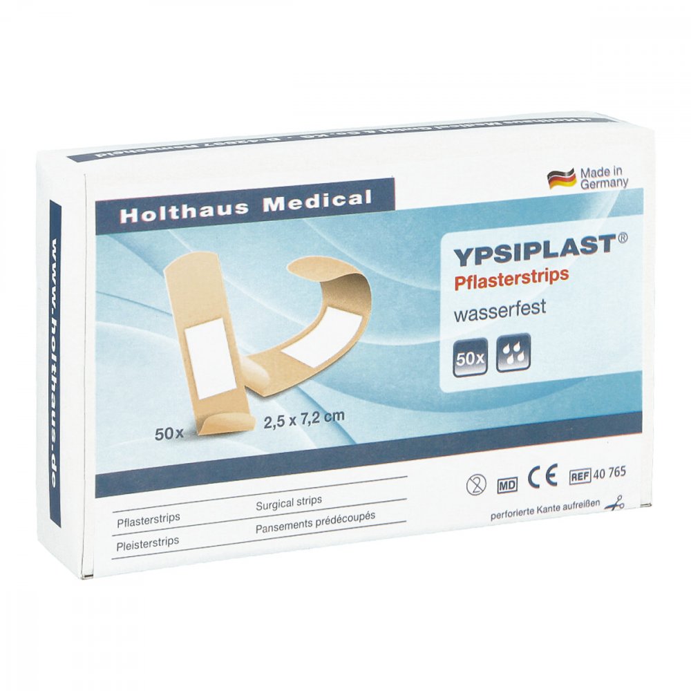 Das Produktfoto zeigt Pflasterstrips Ypsiplast Wasserfest 2,5x7,2 Cm (50 stk) PZN 03271277