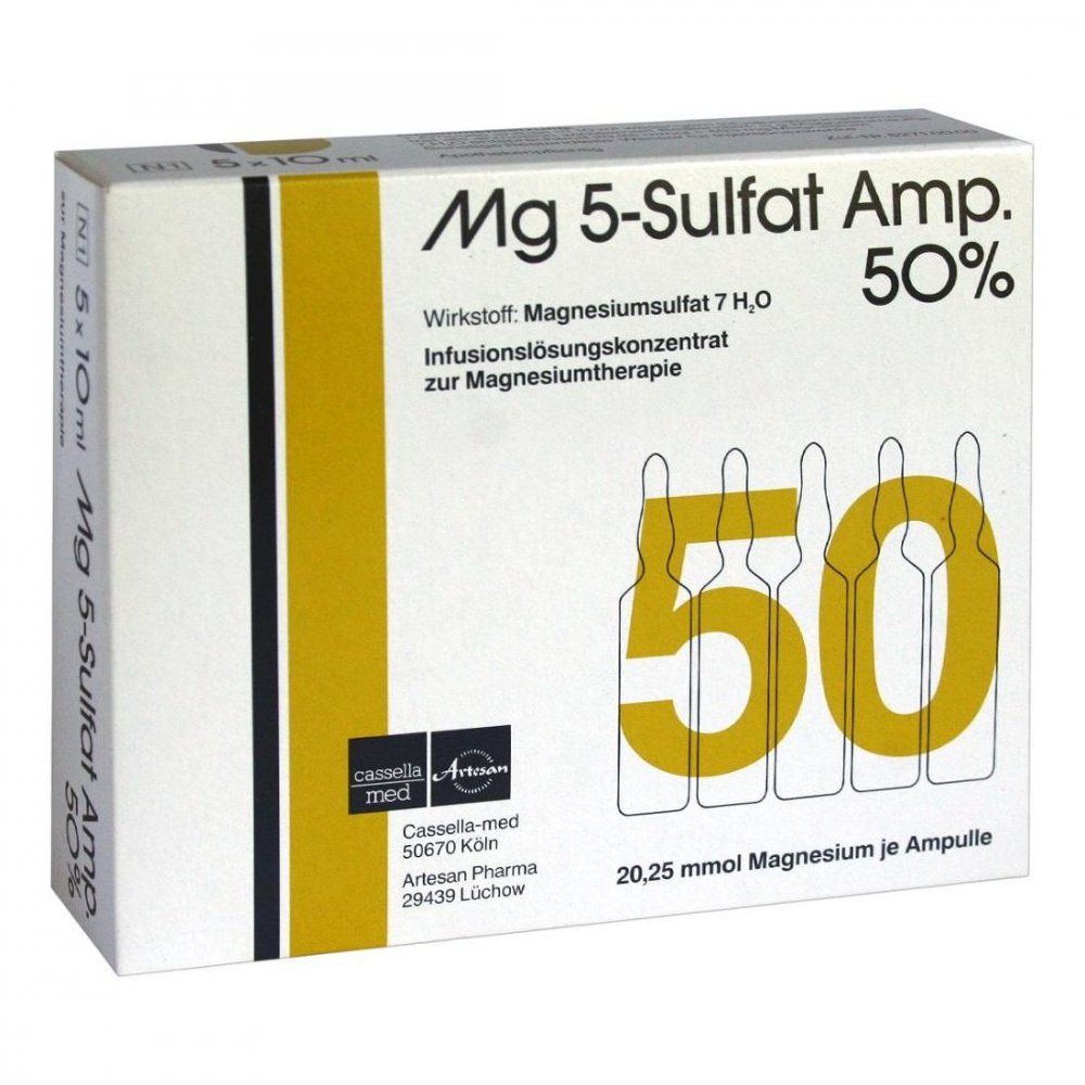 Das Produktfoto zeigt Mg 5 Sulfat Amp. 50% Infusionslösungskonzentrat (5 stk) PZN 03273980