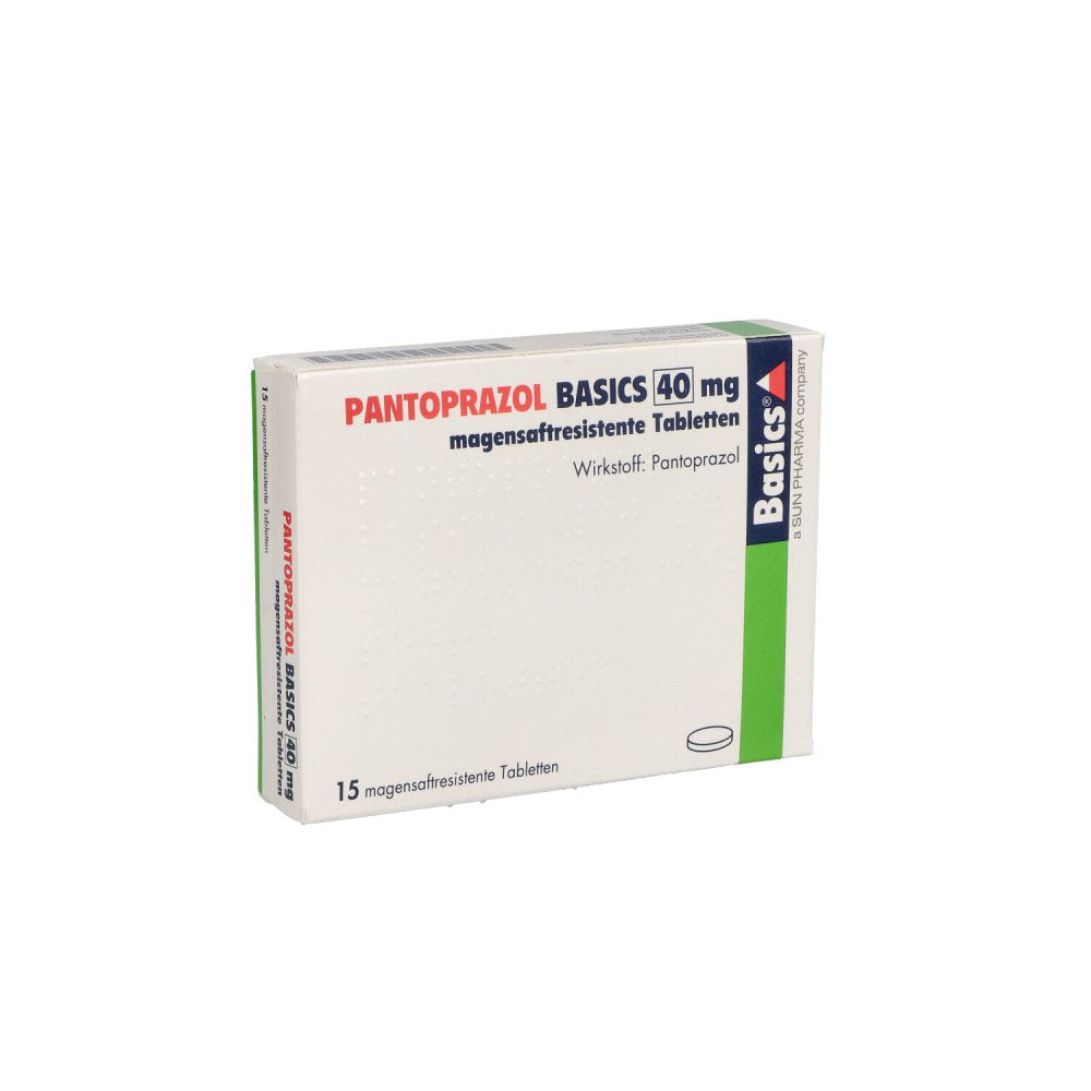 Das Produktfoto zeigt Pantoprazol Basics 40 Mg Magensaftres.Tabletten (15 stk) PZN 03275855