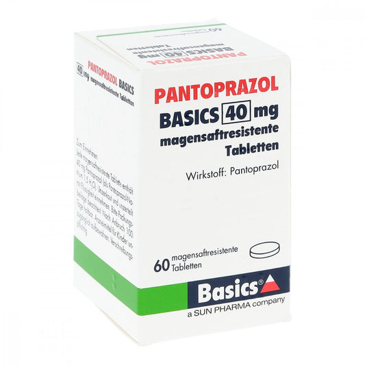 Das Produktfoto zeigt Pantoprazol Basics 40 Mg Magensaftres.Tabletten (60 stk) PZN 03275996