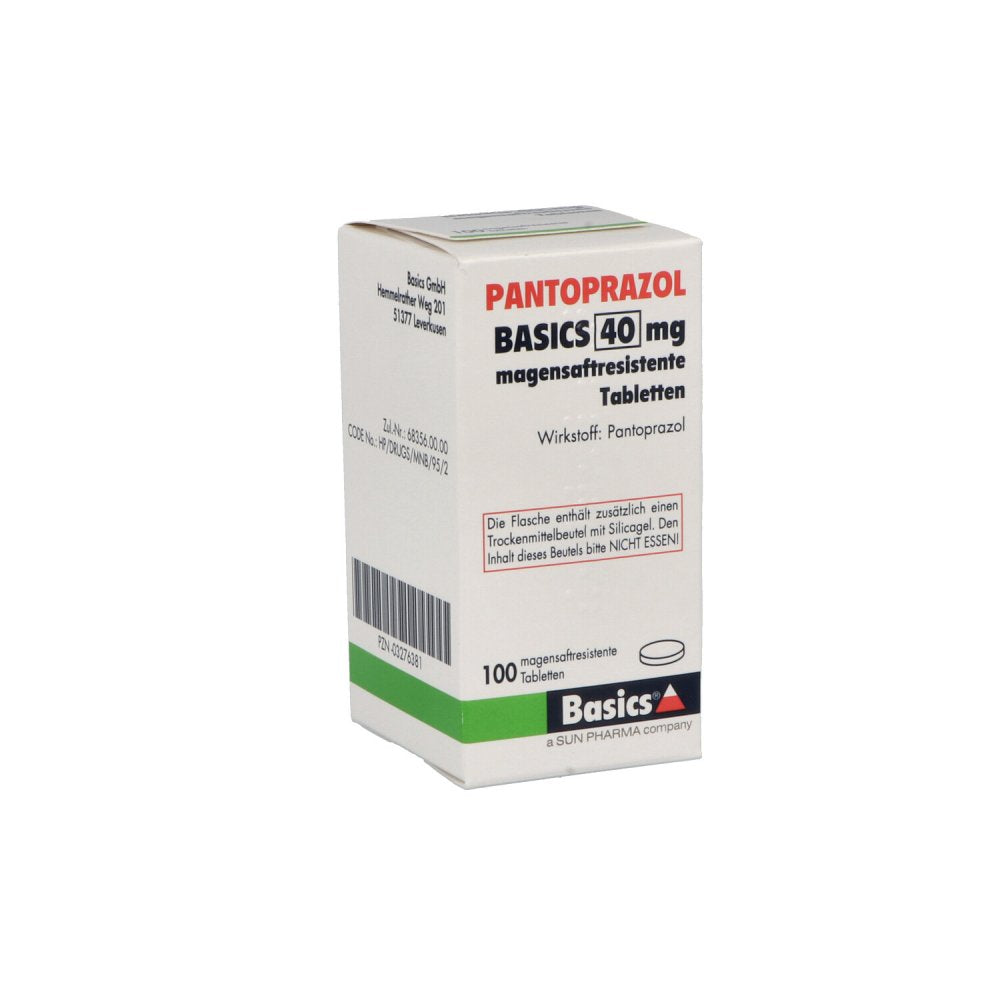 Das Produktfoto zeigt Pantoprazol Basics 40 Mg Magensaftres.Tabletten (100 stk) PZN 03276381