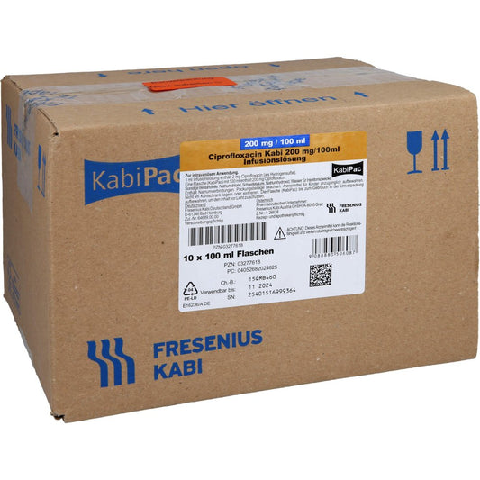 Das Produktfoto zeigt Ciprofloxacin Kabi 200mg/100ml Kabipac Inf.-Lsg. (10X100 ml) PZN 03277618