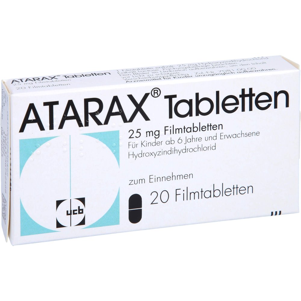 Das Produktfoto zeigt Atarax 25 Mg Filmtabletten (20 stk) PZN 03283642