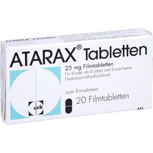 Das Produktfoto zeigt Atarax 25 Mg Filmtabletten (20 stk) PZN 03283642