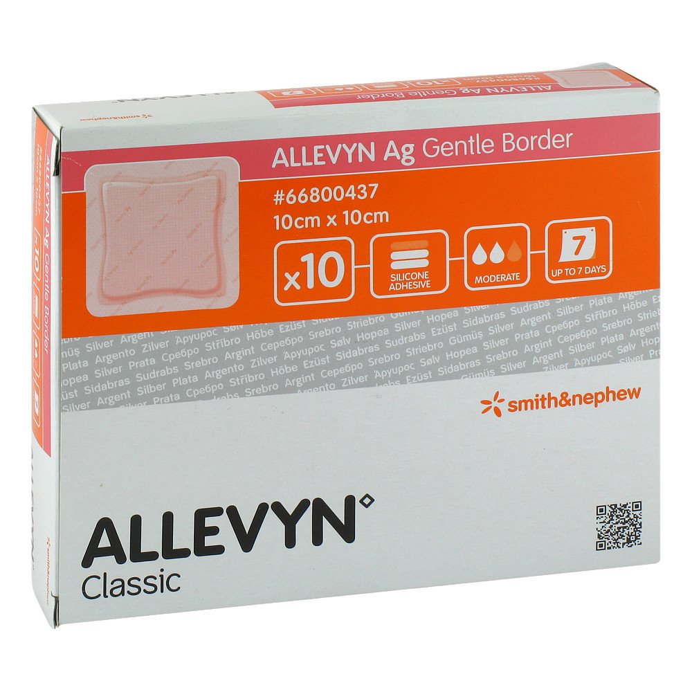 Das Produktfoto zeigt Allevyn Ag Gentle Border 10x10 Cm Wundverband (10 stk) PZN 03296159