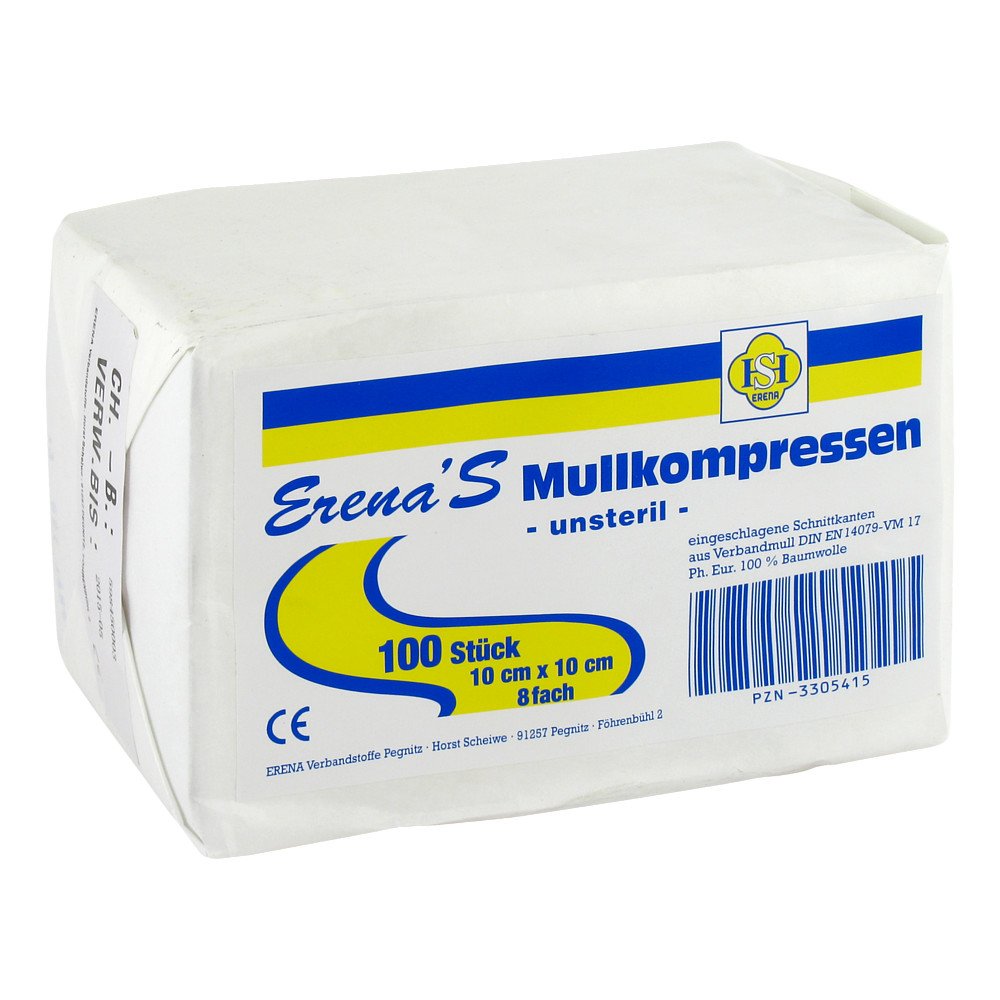 Das Produktfoto zeigt Erena Mullkompr.10x10 Cm Unsteril 8fach (100 stk) PZN 03305415