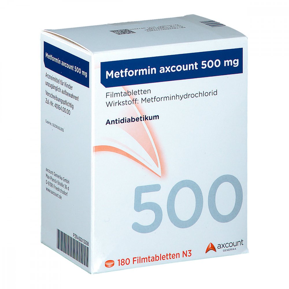 Das Produktfoto zeigt Metformin Axcount 500 Mg Filmtabletten (180 stk) PZN 03313308