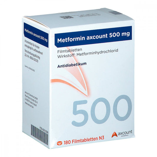 Das Produktfoto zeigt Metformin Axcount 500 Mg Filmtabletten (180 stk) PZN 03313308