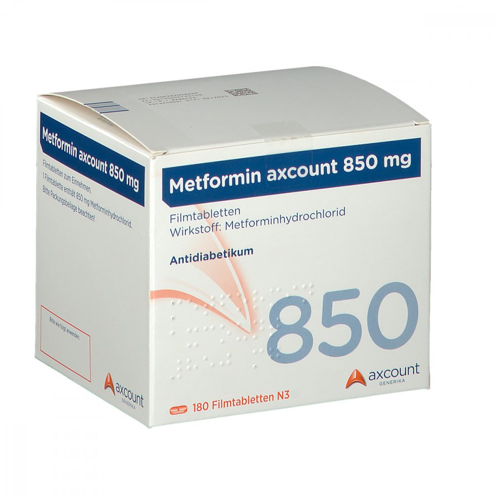 Das Produktfoto zeigt Metformin Axcount 850 Mg Filmtabletten (180 stk) PZN 03313314