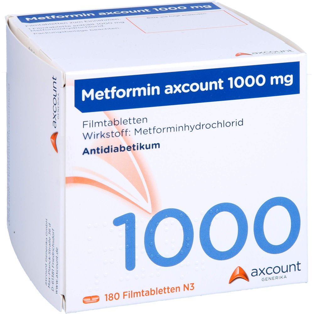 Das Produktfoto zeigt Metformin Axcount 1.000 Mg Filmtabletten (180 stk) PZN 03313320