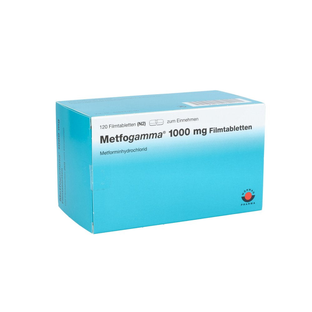 Das Produktfoto zeigt Metfogamma 1.000 Mg Filmtabletten (120 stk) PZN 03323761