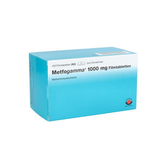 Das Produktfoto zeigt Metfogamma 1.000 Mg Filmtabletten (120 stk) PZN 03323761