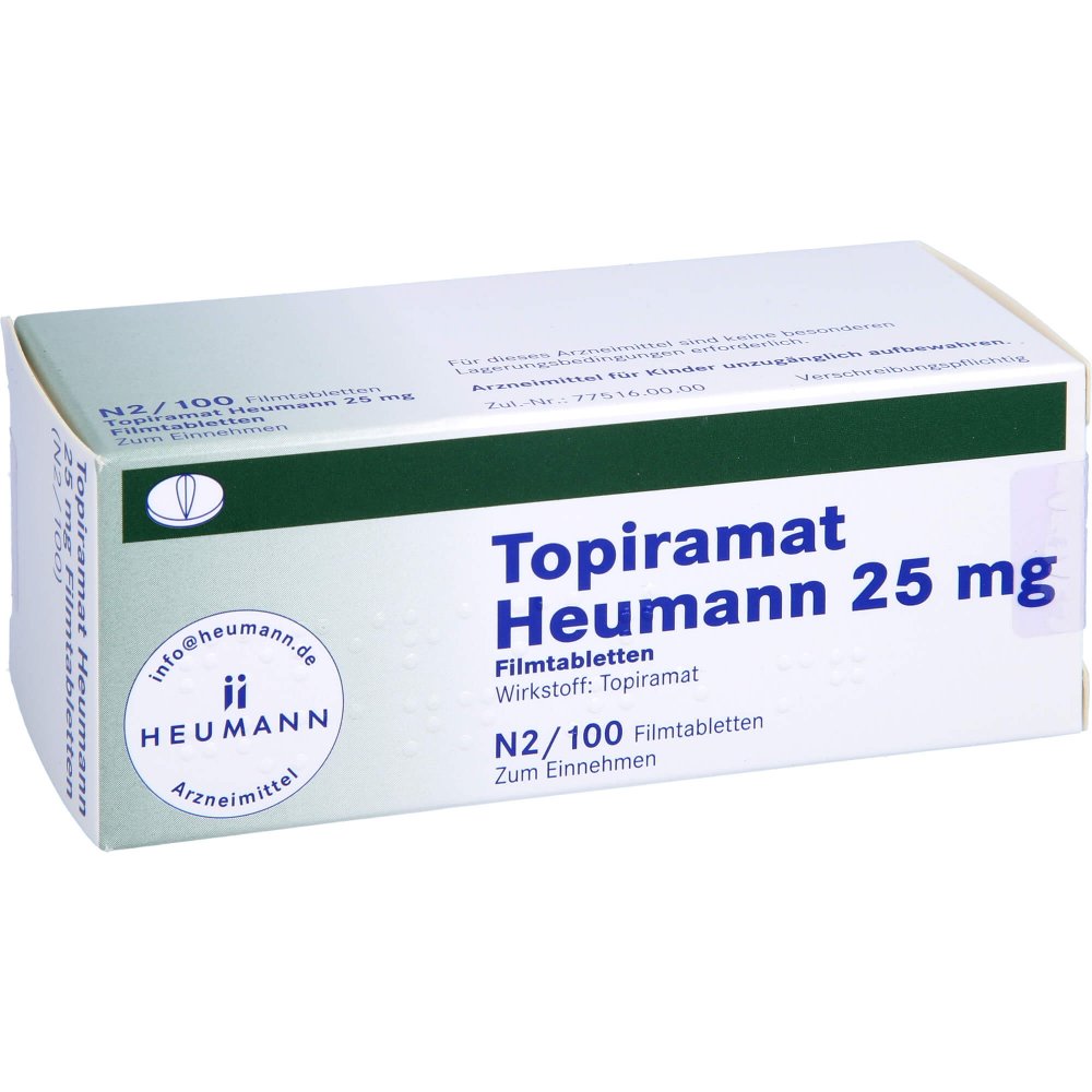 Das Produktfoto zeigt Topiramat Heumann 25 Mg Filmtabletten (100 stk) PZN 03327463