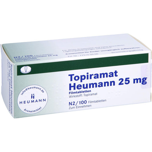 Das Produktfoto zeigt Topiramat Heumann 25 Mg Filmtabletten (100 stk) PZN 03327463