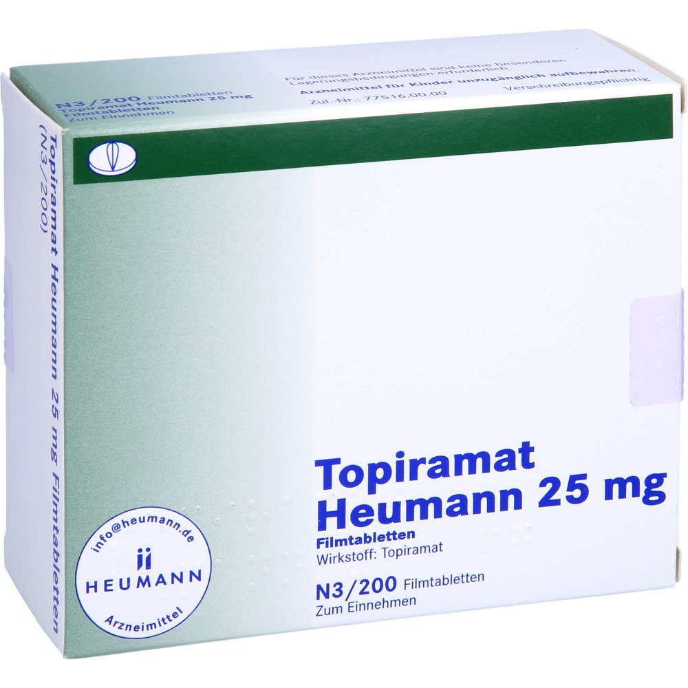 Das Produktfoto zeigt Topiramat Heumann 25 Mg Filmtabletten (200 stk) PZN 03327492