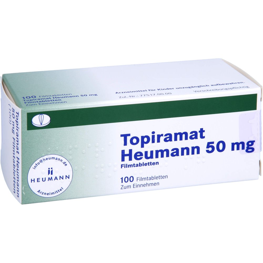 Das Produktfoto zeigt Topiramat Heumann 50 Mg Filmtabletten (100 stk) PZN 03327664