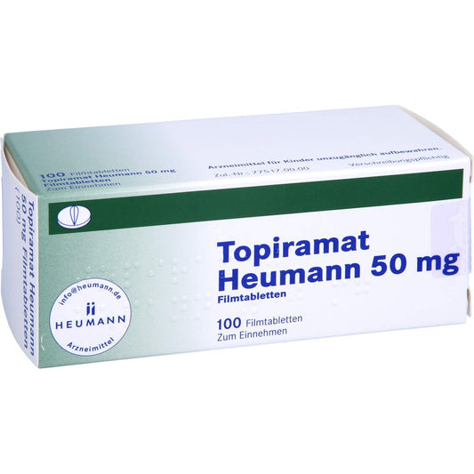 Das Produktfoto zeigt Topiramat Heumann 50 Mg Filmtabletten (100 stk) PZN 03327664