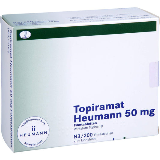 Das Produktfoto zeigt Topiramat Heumann 50 Mg Filmtabletten (200 stk) PZN 03327776