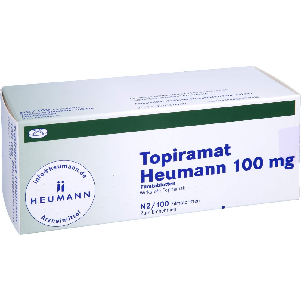 Das Produktfoto zeigt Topiramat Heumann 100 Mg Filmtabletten (100 stk) PZN 03327865