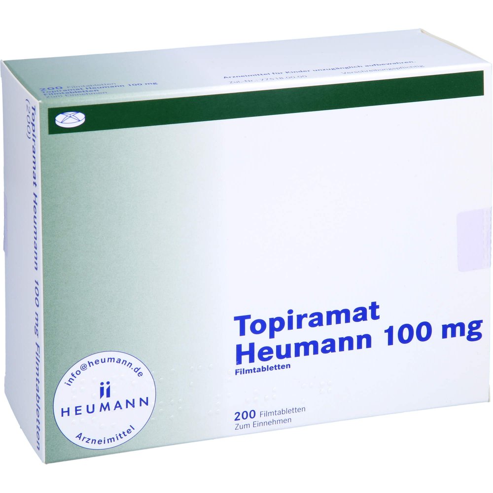 Das Produktfoto zeigt Topiramat Heumann 100 Mg Filmtabletten (200 stk) PZN 03327894