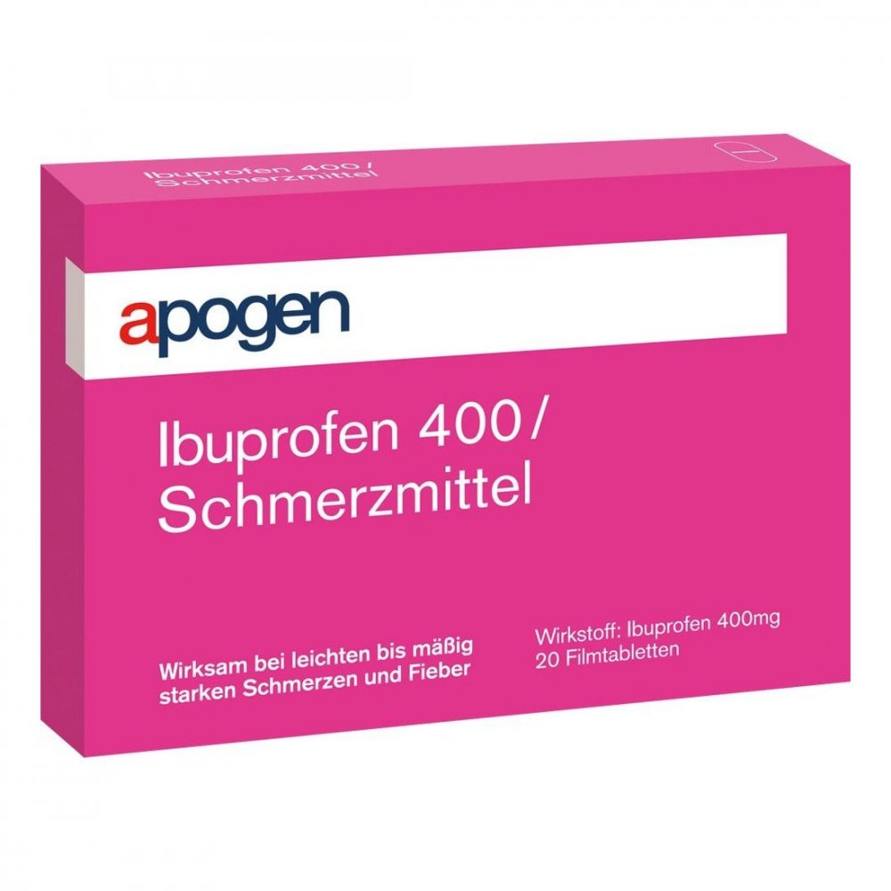 Das Produktfoto zeigt Apogen Ibuprofen 400 Schmerzmittel Filmtabletten (20 stk) PZN 03334262