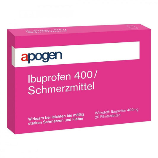 Das Produktfoto zeigt Apogen Ibuprofen 400 Schmerzmittel Filmtabletten (20 stk) PZN 03334262