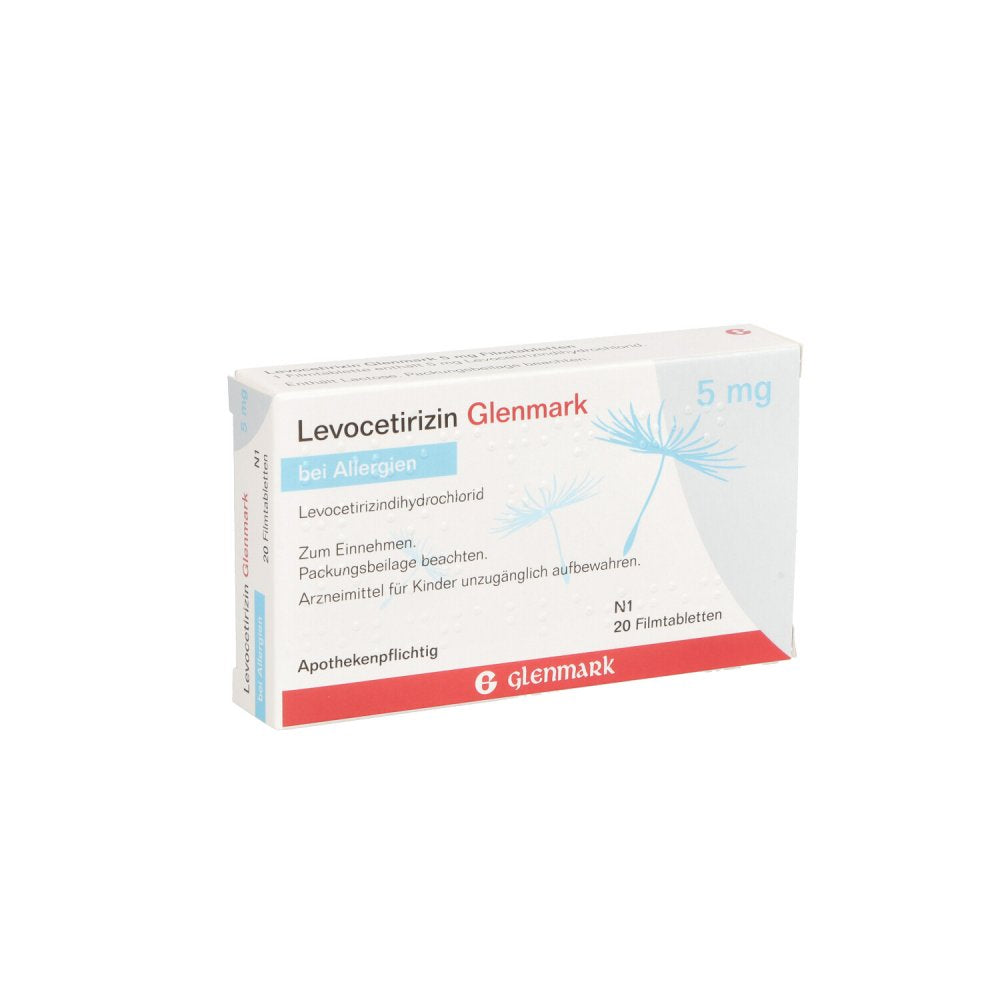 Das Produktfoto zeigt Levocetirizin Glenmark 5 Mg Filmtabletten (20 stk) PZN 03343048