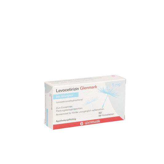 Das Produktfoto zeigt Levocetirizin Glenmark 5 Mg Filmtabletten (50 stk) PZN 03343054
