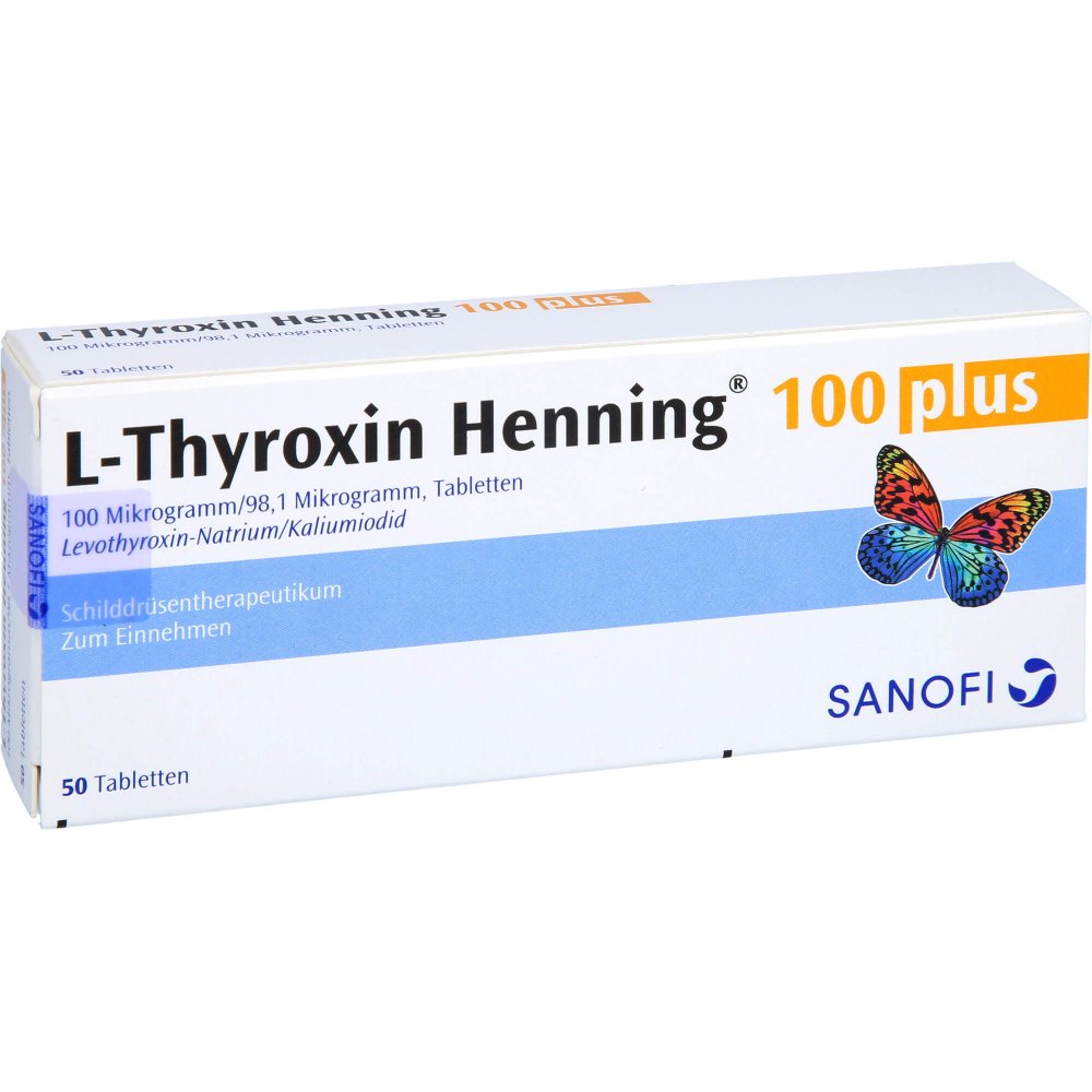 Das Produktfoto zeigt L-Thyroxin 100 Henning Plus Tabletten (50 stk) PZN 03343700