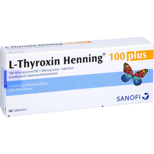 Das Produktfoto zeigt L-Thyroxin 100 Henning Plus Tabletten (50 stk) PZN 03343700
