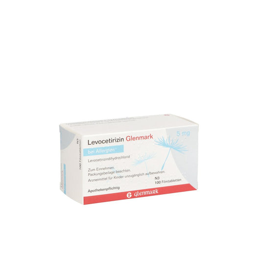 Das Produktfoto zeigt Levocetirizin Glenmark 5 Mg Filmtabletten (100 stk) PZN 03344450