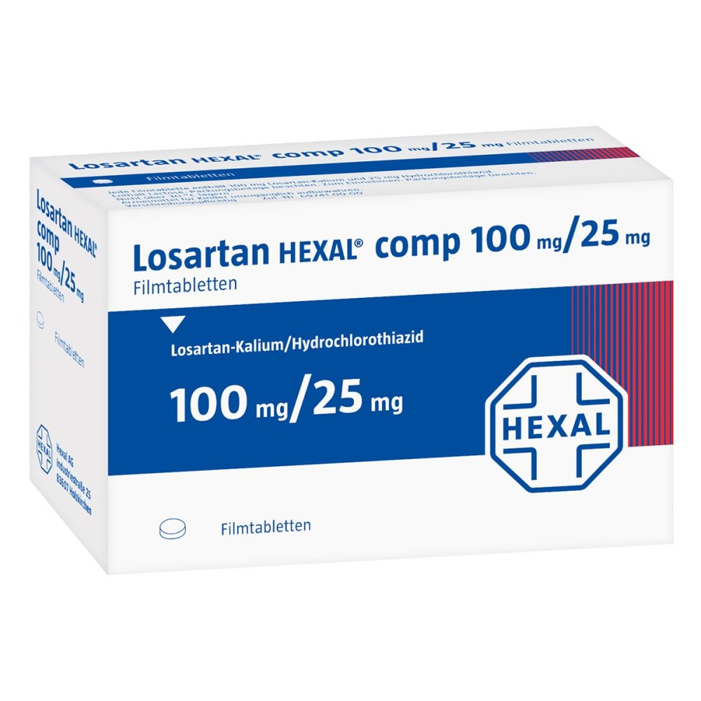 Das Produktfoto zeigt Losartan Hexal Comp 100mg/25mg Filmtabletten (98 stk) PZN 03349393