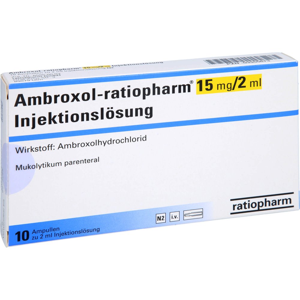 Das Produktfoto zeigt Ambroxol-Ratiopharm 15 Mg/2 Ml Inj.-Lsg.Ampullen (10 stk) PZN 03355873