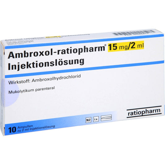 Das Produktfoto zeigt Ambroxol-Ratiopharm 15 Mg/2 Ml Inj.-Lsg.Ampullen (10 stk) PZN 03355873