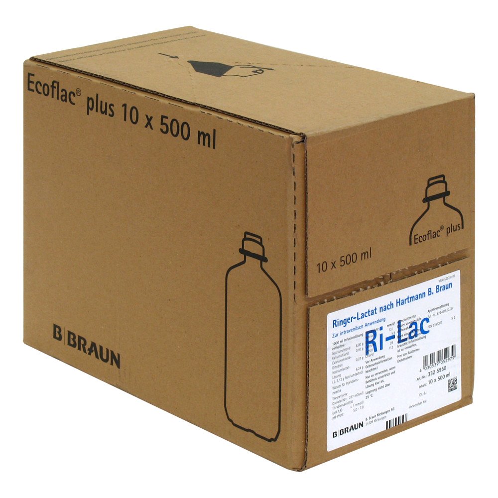 Das Produktfoto zeigt Ringer Lactat N.Hartm.B.Braun Ecofl.Plus Inf.-Lsg. (10X500 ml) PZN 03368367