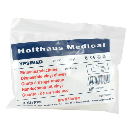 Das Produktfoto zeigt Handschuhe Einmal Ypsimed Vinyl Groß (4 stk) PZN 03369964