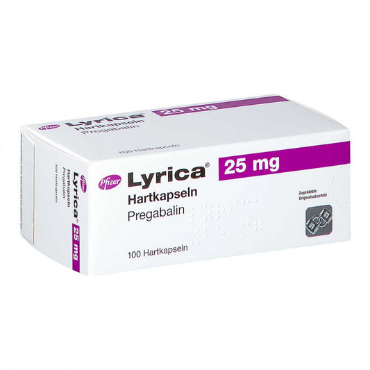 Das Produktfoto zeigt Lyrica 25 Mg Hartkapseln (100 stk) PZN 03389234