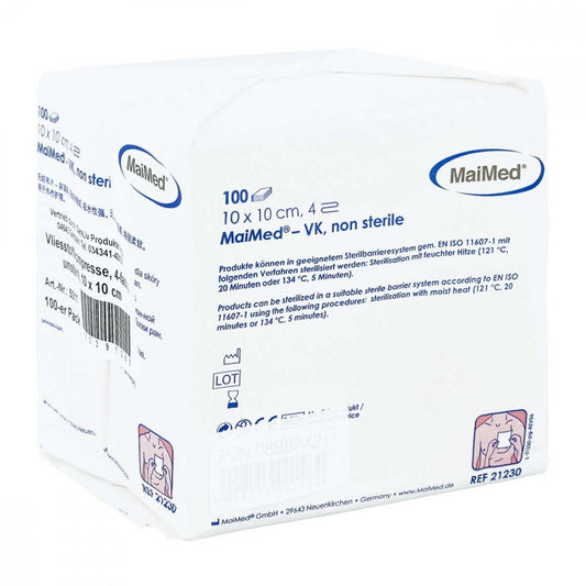 Das Produktfoto zeigt Vliesstoff-Kompressen Unsteril 10x10 Cm 4fach (100 stk) PZN 03391260