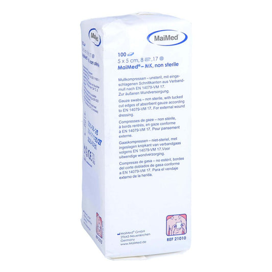 Das Produktfoto zeigt Mullkompressen 5x5 Cm Unsteril 8fach (100 stk) PZN 03391320