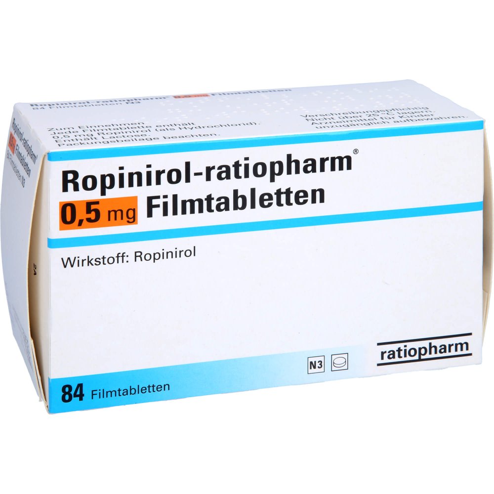 Das Produktfoto zeigt Ropinirol-Ratiopharm 0,5 Mg Filmtabletten (84 stk) PZN 03391716