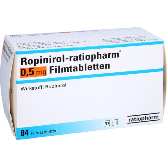 Das Produktfoto zeigt Ropinirol-Ratiopharm 0,5 Mg Filmtabletten (84 stk) PZN 03391716