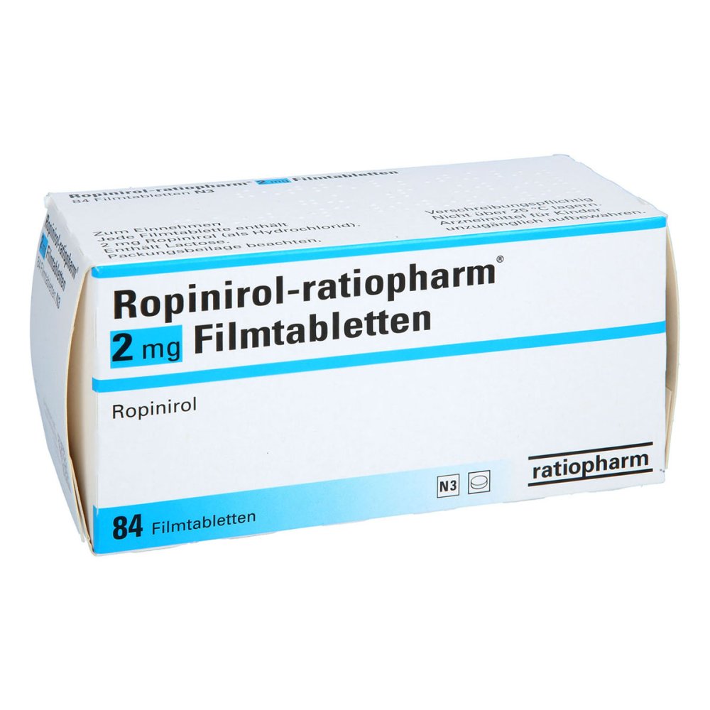 Das Produktfoto zeigt Ropinirol-Ratiopharm 2 Mg Filmtabletten (84 stk) PZN 03391768