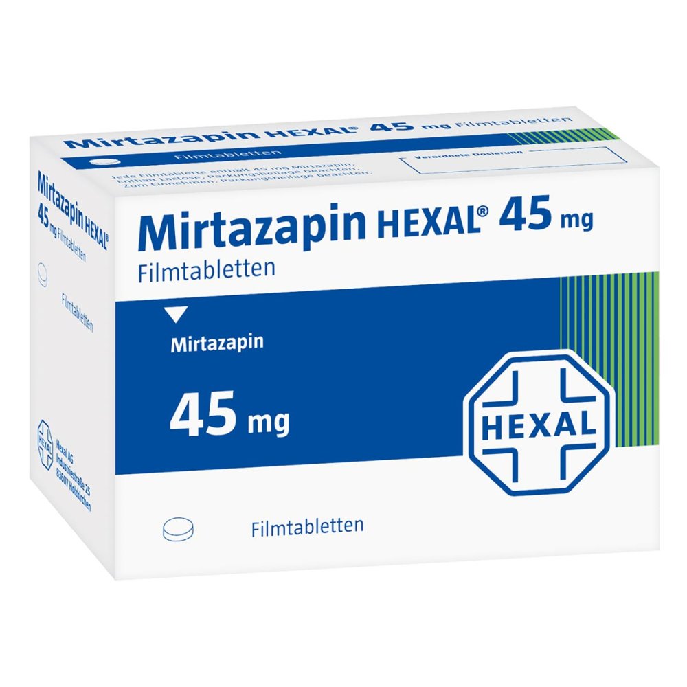 Das Produktfoto zeigt Mirtazapin Hexal 45 Mg Filmtabletten (100 stk) PZN 03393603