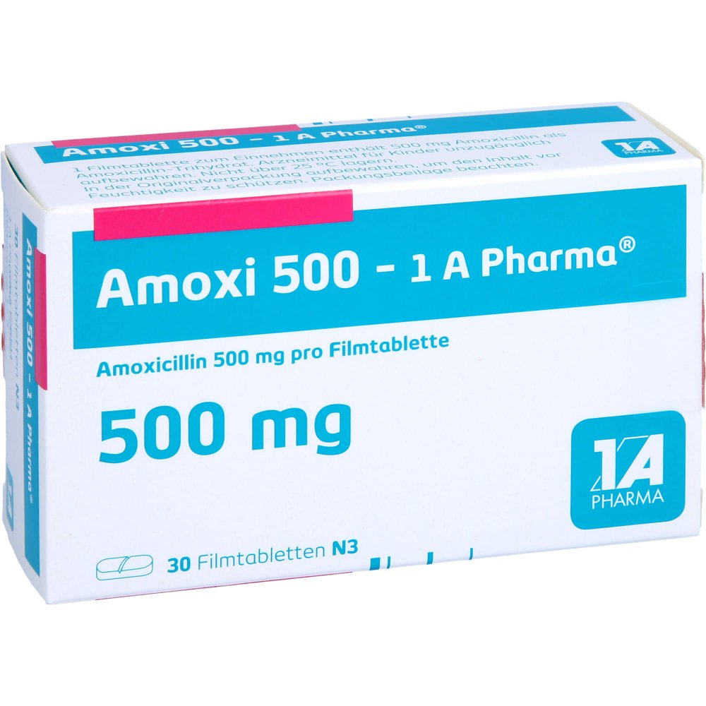 Das Produktfoto zeigt Amoxi 500-1a Pharma Filmtabletten (30 stk) PZN 03410974