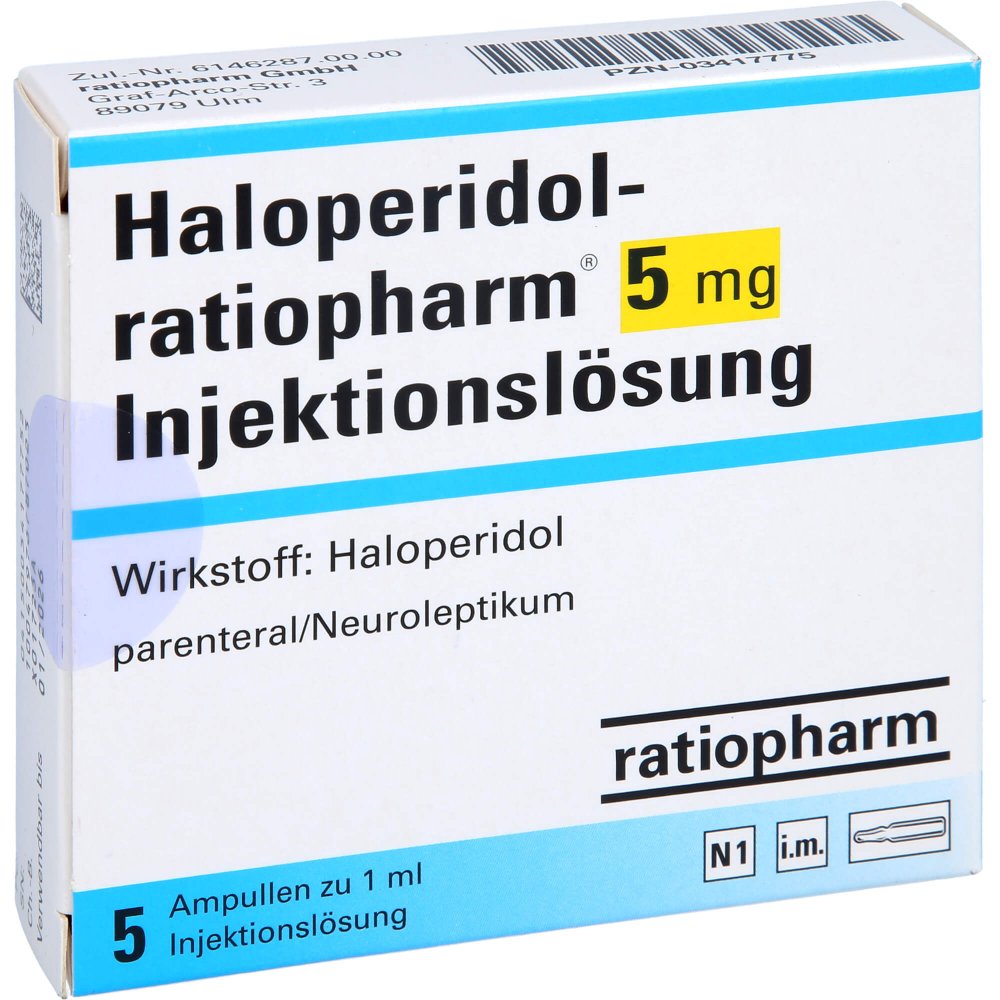 Das Produktfoto zeigt Haloperidol-Ratiopharm 5 Mg Inj.-Lsg.Ampullen (5 stk) PZN 03417775
