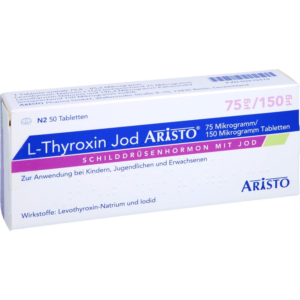 Das Produktfoto zeigt L-Thyroxin Jod Aristo 75 Μg/150 Μg Tabletten (50 stk) PZN 03419478