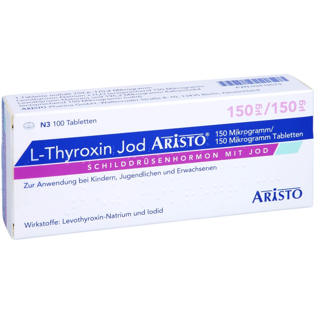Das Produktfoto zeigt L-Thyroxin Jod Aristo 150 Μg/150 Μg Tabletten (100 stk) PZN 03419573