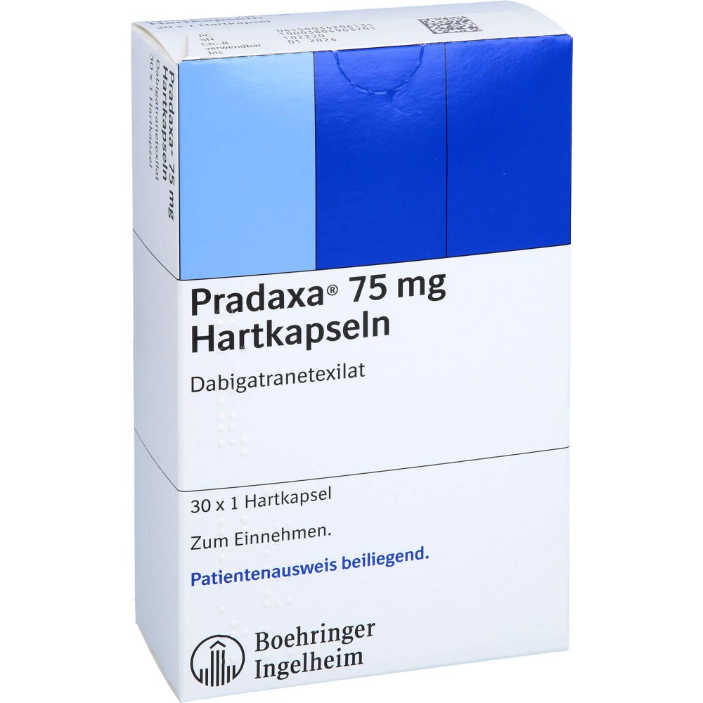 Das Produktfoto zeigt Pradaxa 75 Mg Hartkapseln (30 stk) PZN 03420613