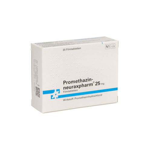 Das Produktfoto zeigt Promethazin-Neuraxpharm 25 Mg Filmtabletten (20 stk) PZN 03421630