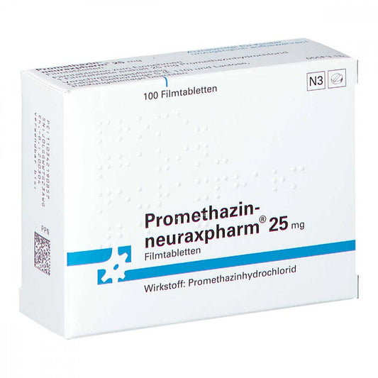 Das Produktfoto zeigt Promethazin-Neuraxpharm 25 Mg Filmtabletten (100 stk) PZN 03421908